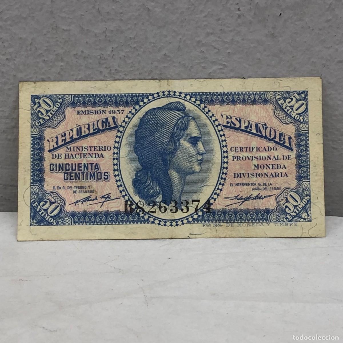 Billetes espa&ntilde;oles: ANTIGUO BILLETE - EMISI&Oacute;N 1937 - REPUBLICA ESPA&Ntilde;OLA - 50 CTS - CINCUENTA CENTIMOS - MBC+ / 1287