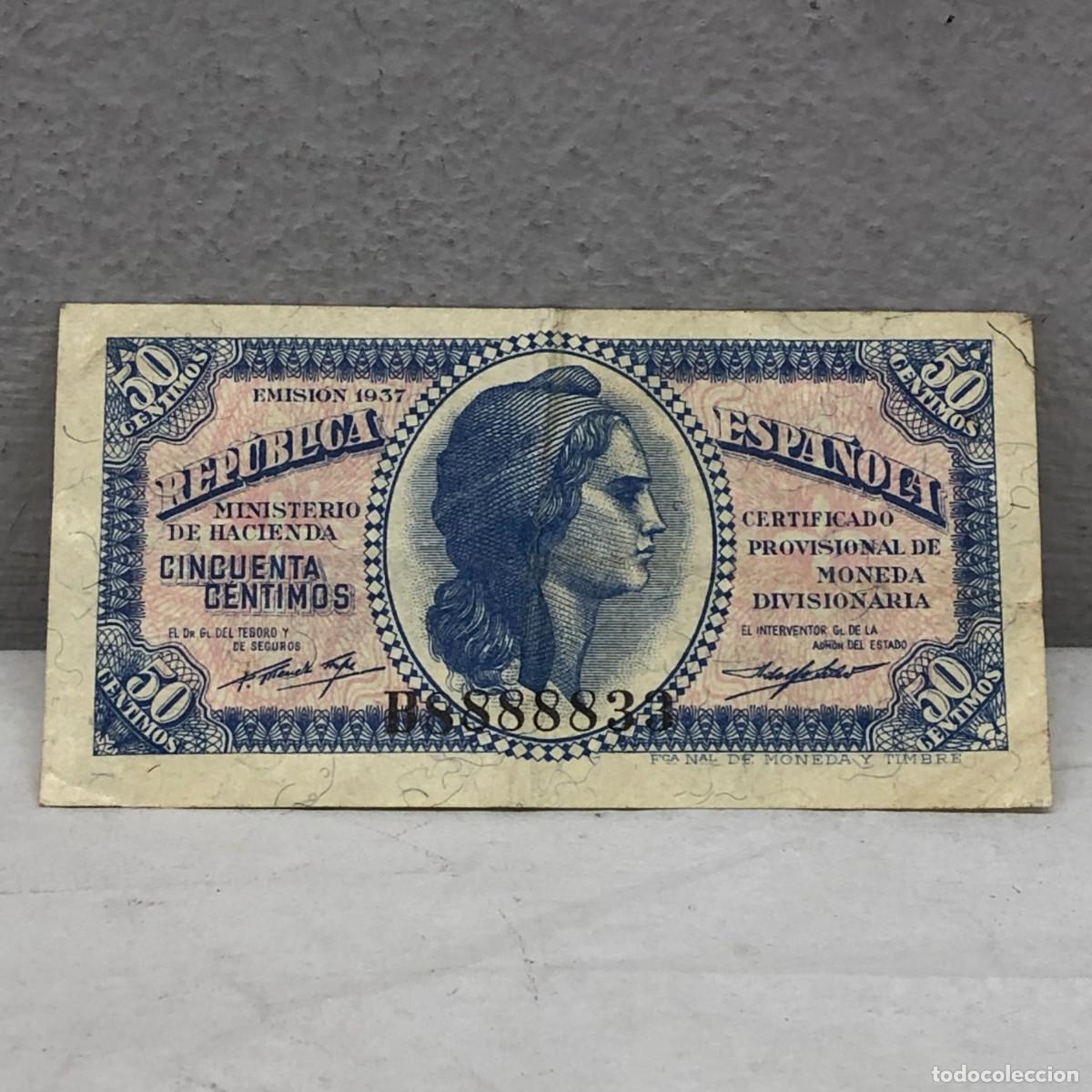 Billetes espa&ntilde;oles: ANTIGUO BILLETE - EMISI&Oacute;N 1937 - REPUBLICA ESPA&Ntilde;OLA - 50 CTS - CINCUENTA CENTIMOS - MBC+ / 1288