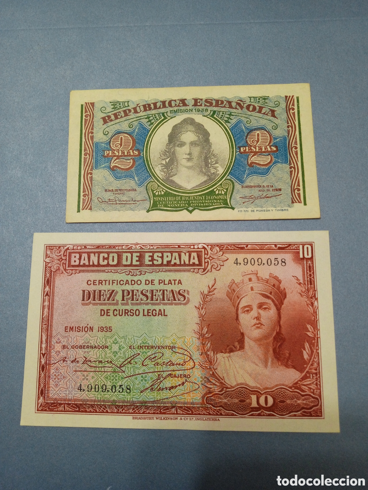 Billetes espa&ntilde;oles: CARP- SIN CIRCULAR MENOS II REP&Uacute;BLICA 2 PESETAS 1938 Y 10 PESETAS 1935 SIN SERIE