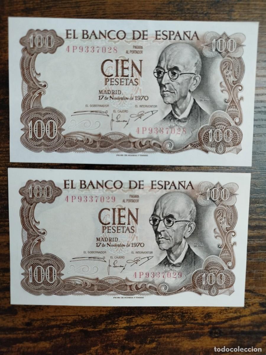 Billetes espa&ntilde;oles: 2x Correlativos 100 pesetas 1970 billetes SX