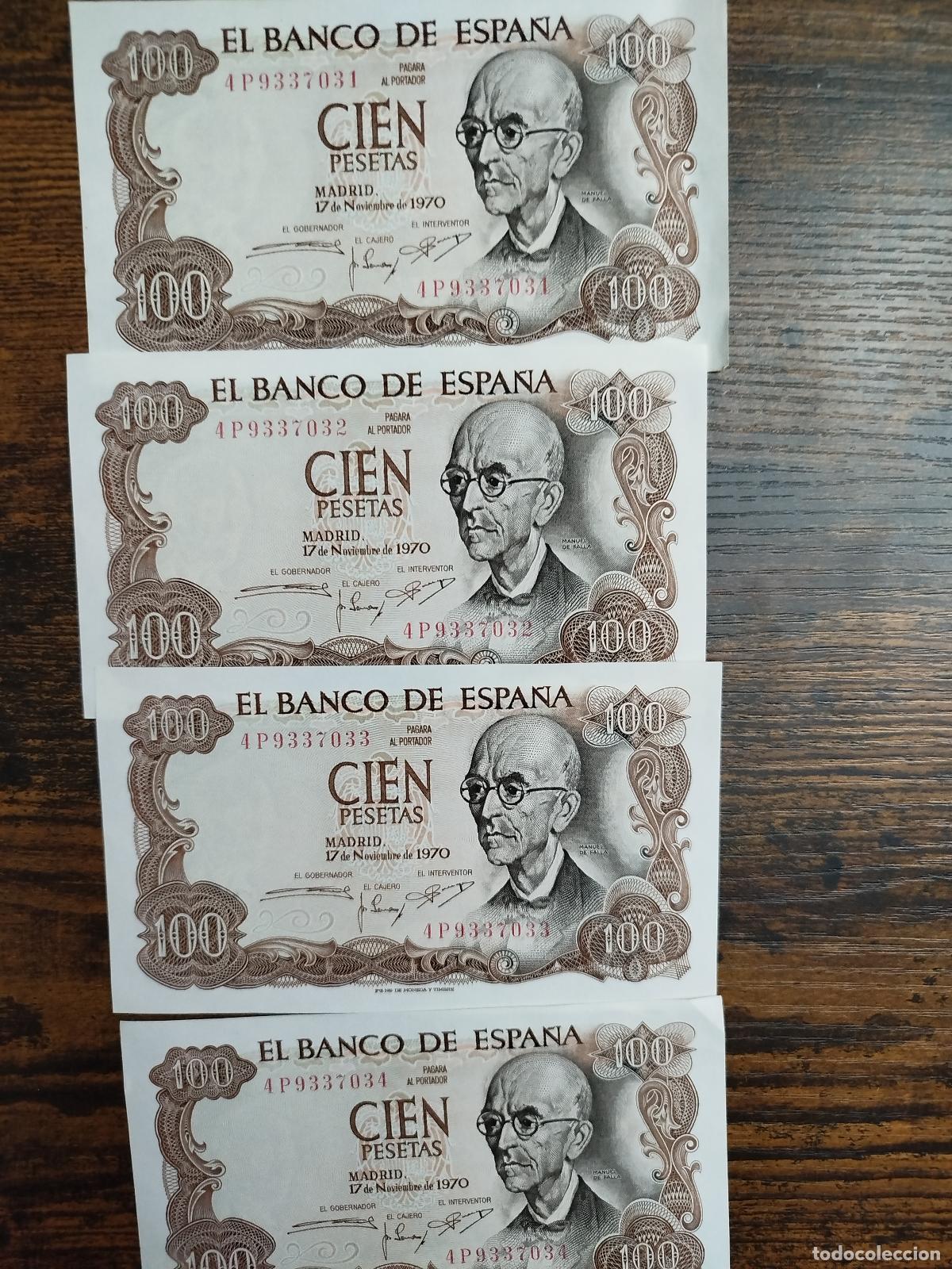 Billetes espa&ntilde;oles: 4 correlativos billetes 100 pesetas 1970