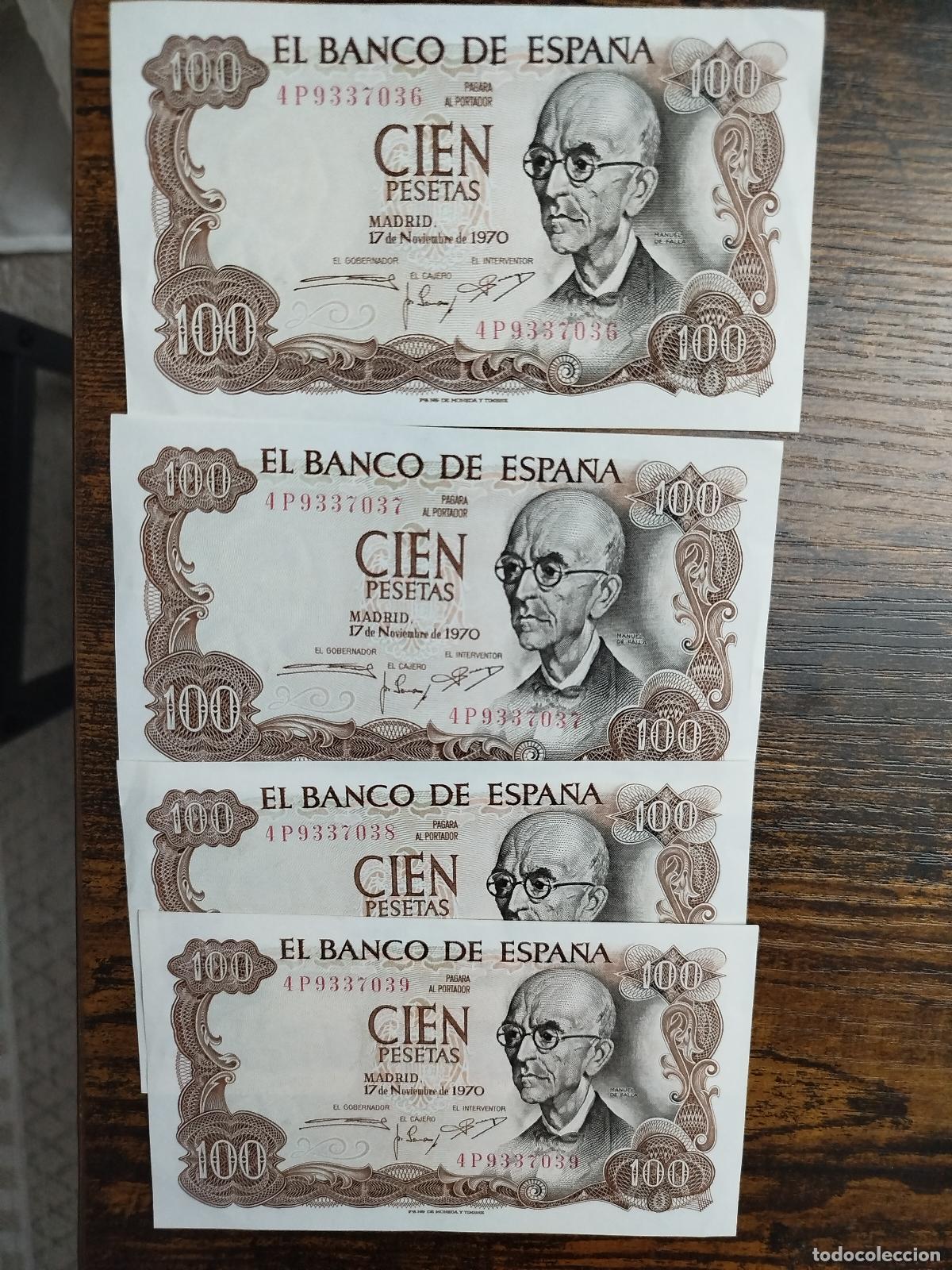 Billetes espa&ntilde;oles: 4 correlativos billetes 100 pesetas 1970 SC