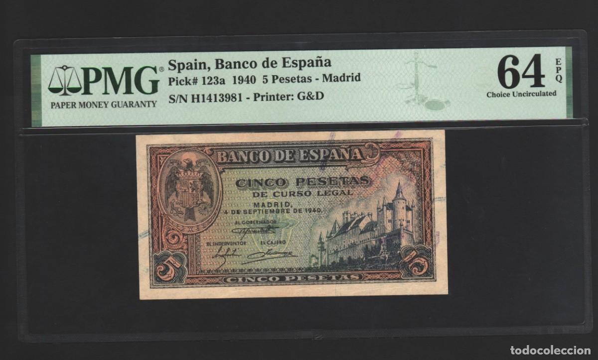 Billetes espa&ntilde;oles: ESTADO ESPA&Ntilde;OL PMG EPQ | SOLO ACEPTO PAYPAL| BILLETE 5 PESETAS 1940 LEER DESCRIPCION