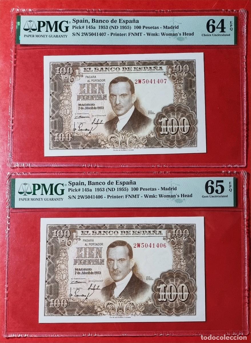 Billetes espa&ntilde;oles: PAREJA CONSECUTIVA ESTADO ESPA&Ntilde;OL PMG EPQ | SOLO ACEPTO PAYPAL| BILLETE 100 PESETAS 1953 LEER