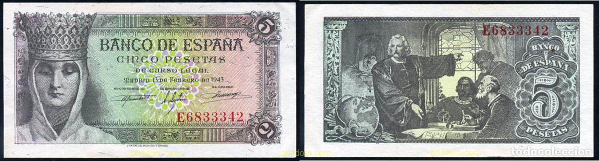 Billetes espa&ntilde;oles: 752 ESPA&Ntilde;A 1943 5 Pesetas Estado espa&ntilde;ol 13 de febrero de 1943