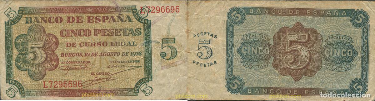 Billetes espa&ntilde;oles: 8151 ESPA&Ntilde;A 1938 5 Pesetas Estado espa&ntilde;ol Burgos 10 de agosto de 1938