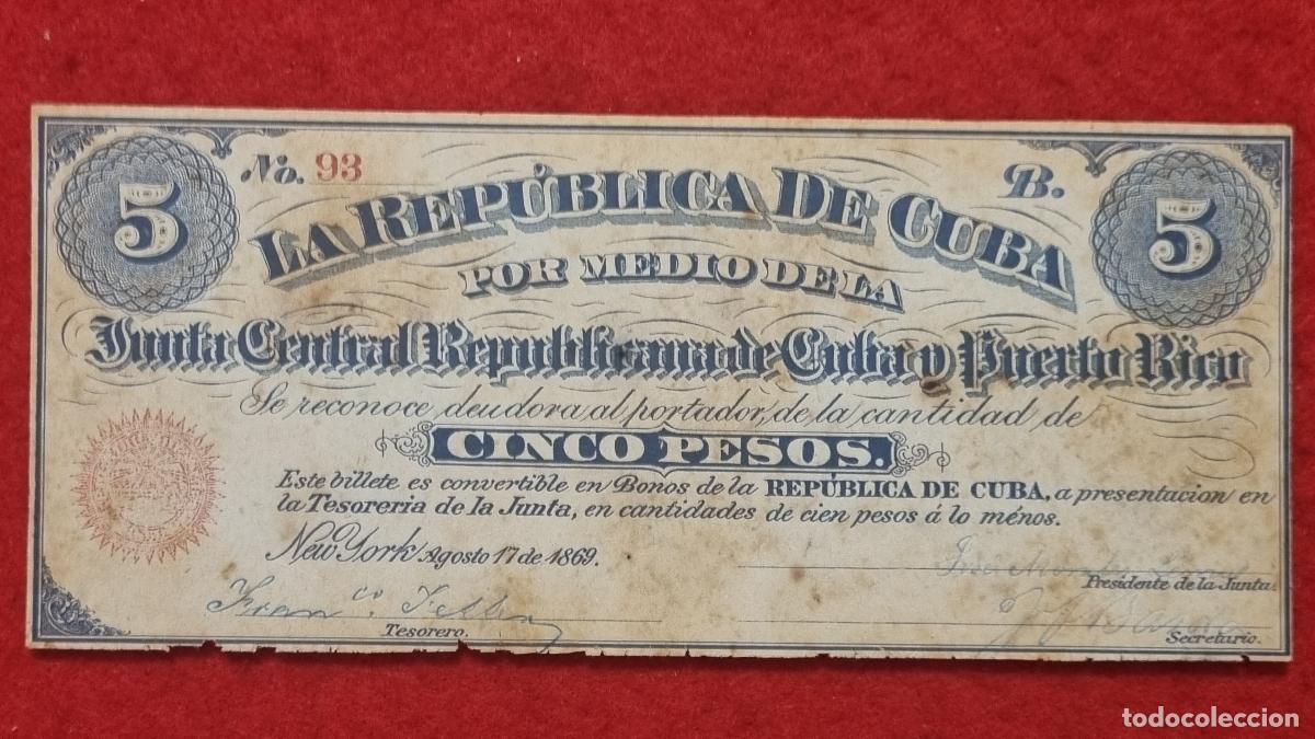 Billetes espa&ntilde;oles: BILLETE 5 PESOS JUNTA CENTRAL DE CUBA Y PUERTO RICO 1869 EPOCA COLONIAL MBC+ ORIGINAL T93