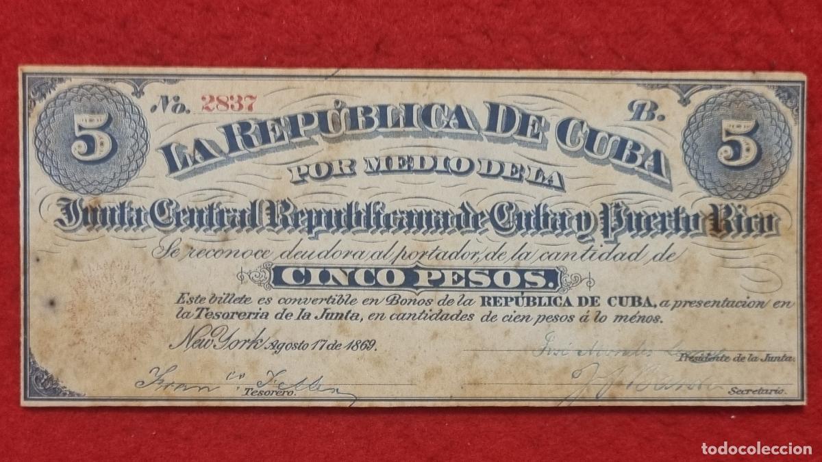 Billetes espa&ntilde;oles: BILLETE 5 PESOS JUNTA CENTRAL DE CUBA Y PUERTO RICO 1869 EPOCA COLONIAL MBC+ ORIGINAL T837
