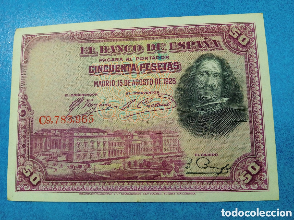 Billetes espa&ntilde;oles: 50 PESETAS 1928 VEL&Aacute;ZQUEZ ERROR FALTA DE TINTA EN FIRMA DEL CAJERO
