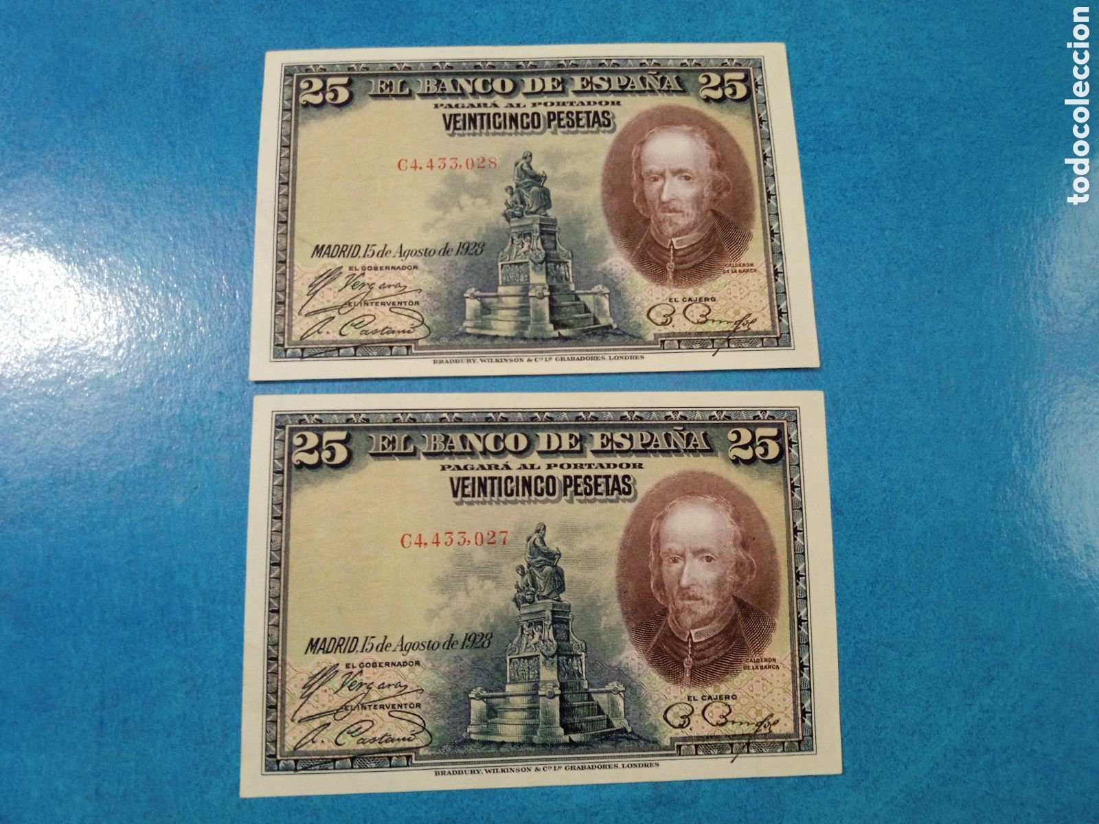 Billetes espa&ntilde;oles: SIN CIRCULAR 25 PESETAS 15 AGOSTO 1928 CALDER&Oacute;N DE LA BARCA PAREJA CORRELATIVA