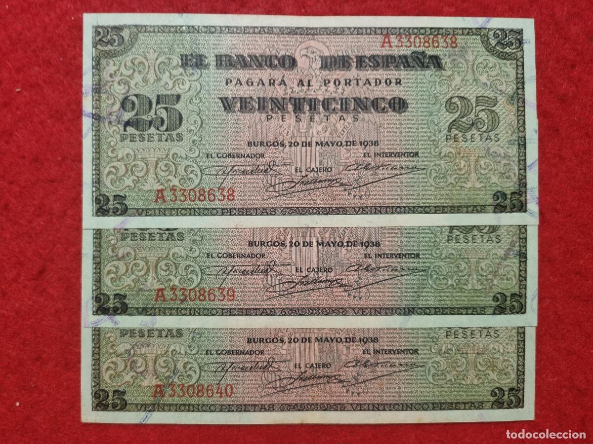 Billetes espa&ntilde;oles: TRIO 3 BILLETES 25 PESETAS 1938 EBC+ SERIE A CORRELATIVOS ORIGINAL T638 39 40