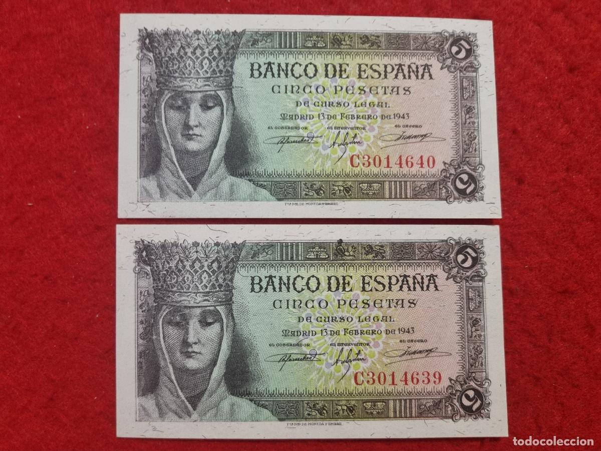 Billetes espa&ntilde;oles: PAREJA 2 BILLETES 5 PESETAS 1943 PLANCHA SIN CIRCULAR SERIE C CORRELATIVOS ORIGINAL T639
