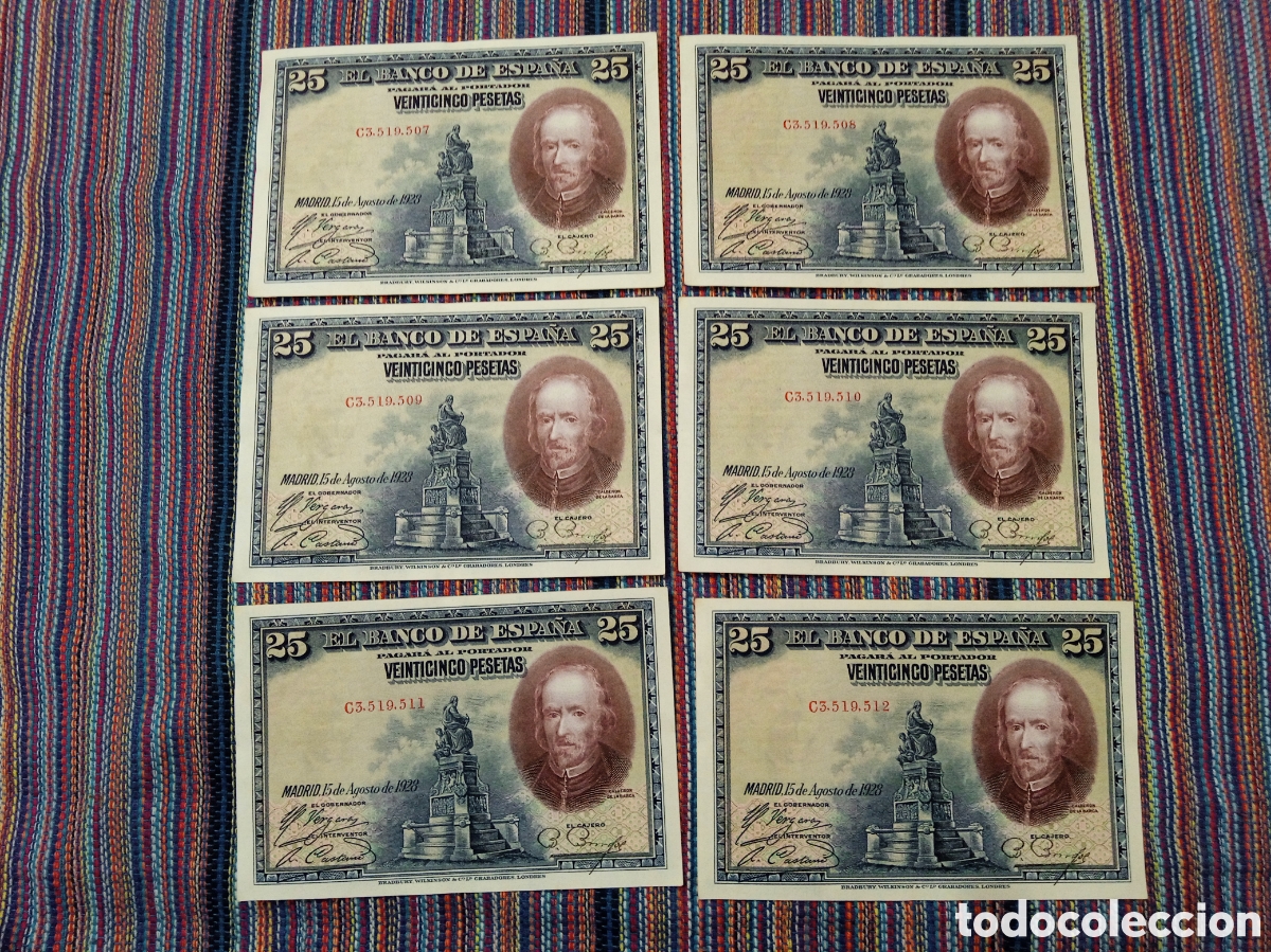 Billetes espa&ntilde;oles: CASI SIN CIRCULAR 25 PESETAS 15 AGOSTO 1928 CALDER&Oacute;N DE LA BARCA SEIS CORRELATIVOS