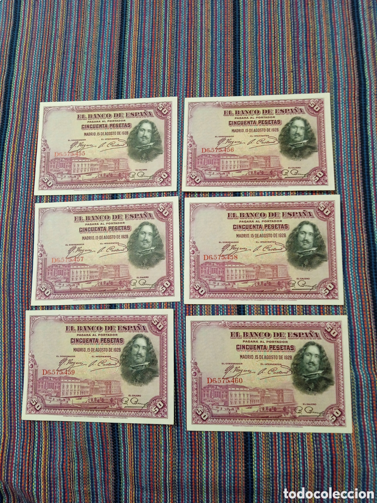 Billetes espa&ntilde;oles: SIN CIRCULAR 6 BILLETES CORRELATIVOS 50 PESETAS 15 AGOSTO 1928 VEL&Aacute;ZQUEZ