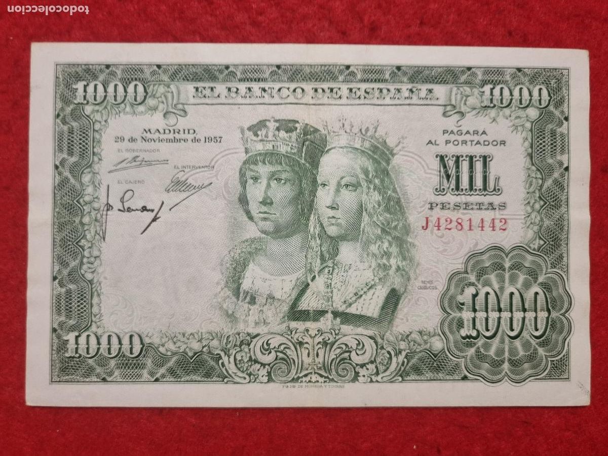 Billetes espa&ntilde;oles: BILLETE 1000 PESETAS 1957 REYES CATOLICOS MBC SERIE J ORIGINAL T442