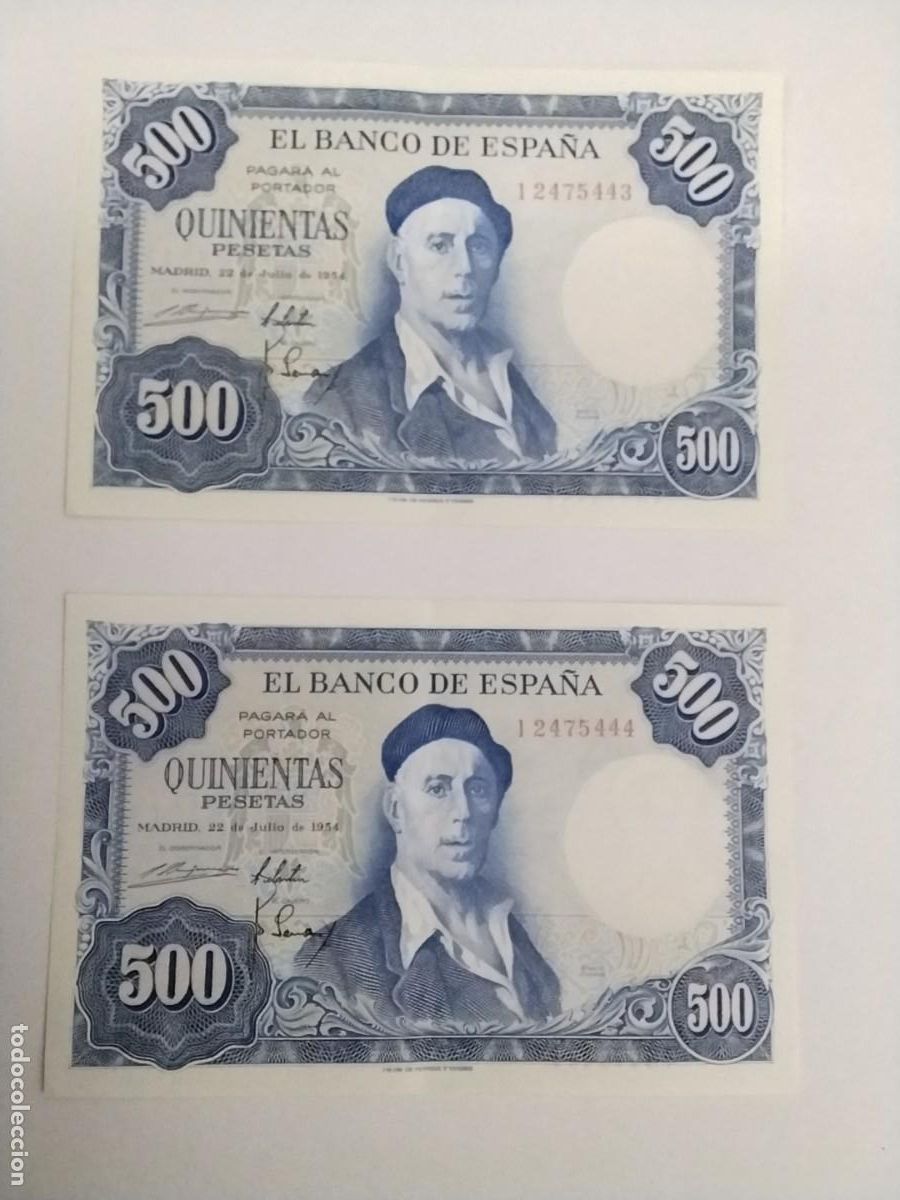 Billetes espa&ntilde;oles: PAREJA CORRELATIVA BILLETES 500 PESETAS IGNACIO ZULOAGA A&Ntilde;O 1954 I2475444 / I2475443 SC