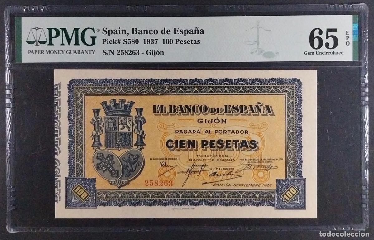 Spanische Banknoten: 100 PESETAS GIJ&Oacute;N 1937 PMG 65 EPQ CERTIFICADO SIN CIRCULAR
