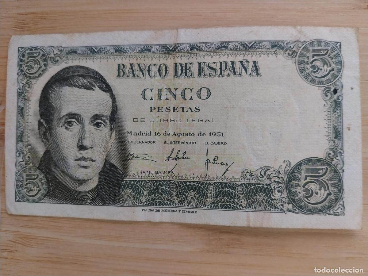 Billetes espa&ntilde;oles: 1951 CINCO PESETAS 5 PTAS BILLETE JAIME BALMES CIRCULADO SERIE U2227570 ORIGINAL