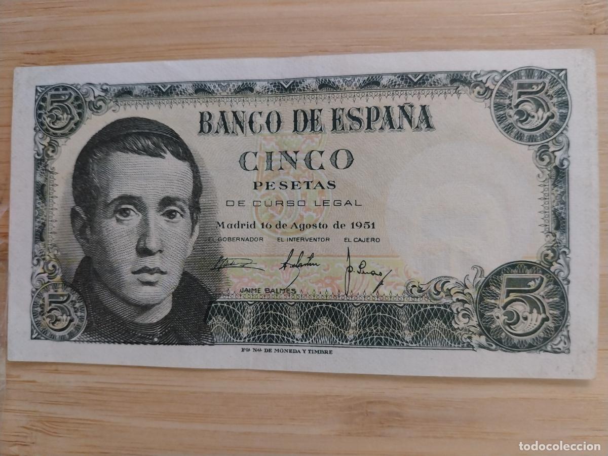 Billetes espa&ntilde;oles: 1951 CINCO PESETAS 5 PTAS BILLETE JAIME BALMES CIRCULADO SERIE 1A3623242 ORIGINAL
