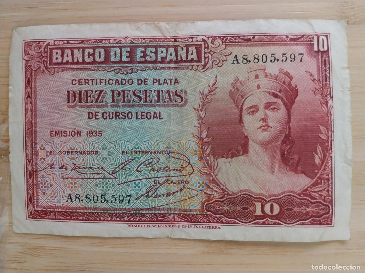 Billetes espa&ntilde;oles: 1935 DIEZ PESETAS 10 PTAS BILLETE REPUBLICA CIRCULADO SERIE A8,805,597 ORIGINAL