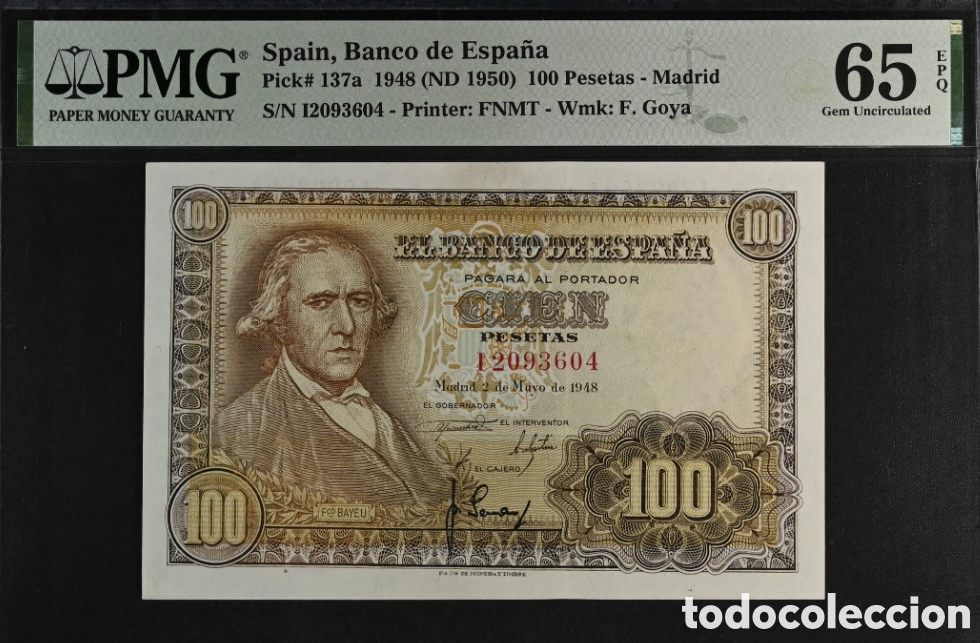 Billetes espa&ntilde;oles: Billete 100 PESETAS 1948 -BAYEU- PMG 65 EPQ, serie I, &uacute;ltima serie emitida