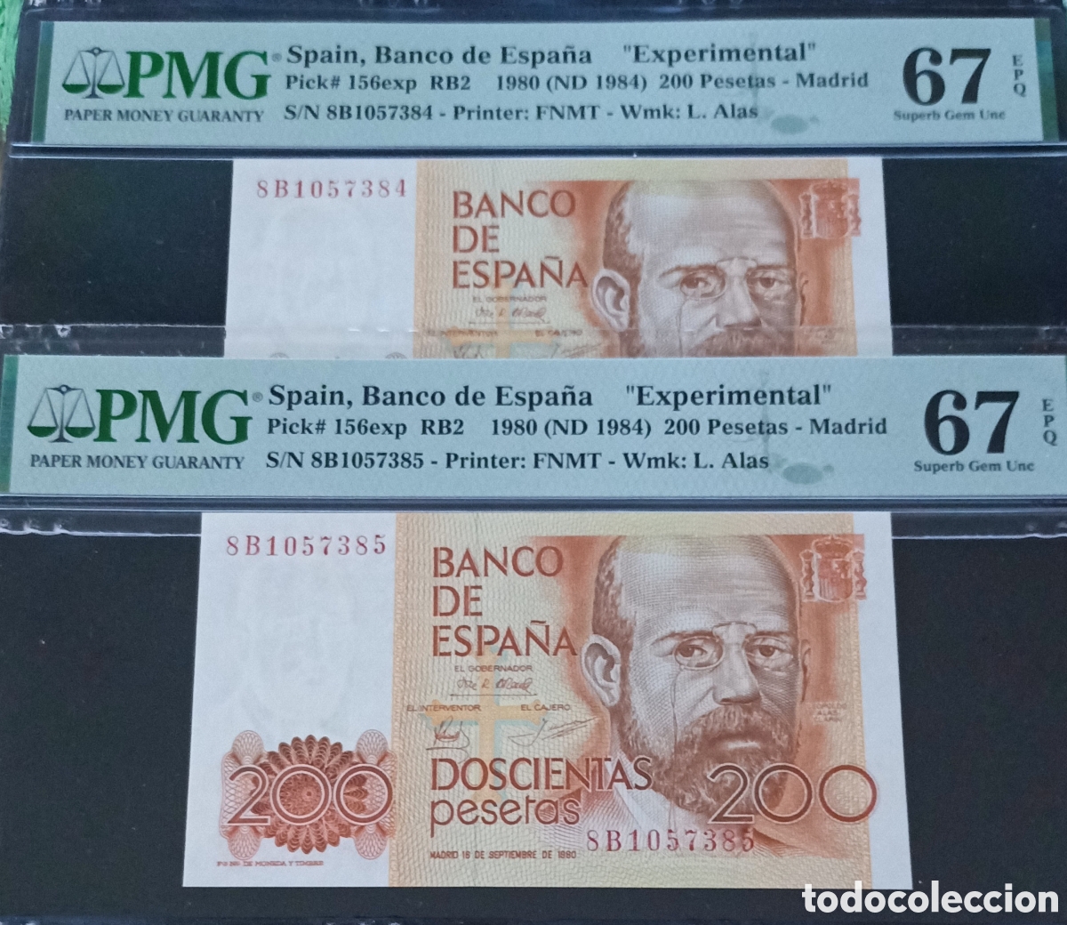 Billetes espa&ntilde;oles: Pareja correlativa billete 200 PESETAS 1980 -ALAS CLARIN- PMG 67 EPQ, serie 8B