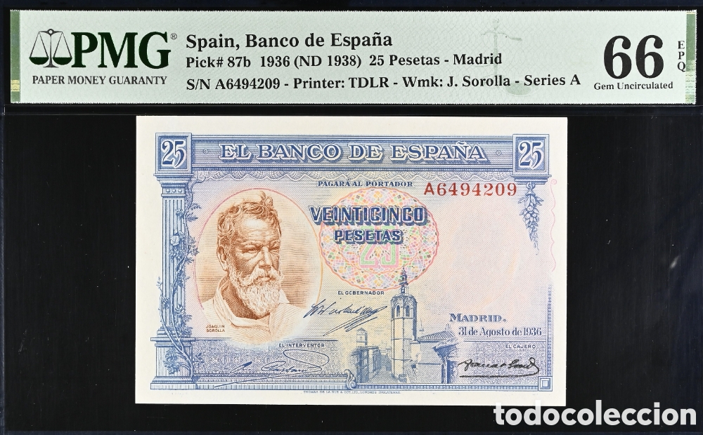 Billetes espa&ntilde;oles: Billete 25 PESETAS 1936 -SOROLLA- PMG 66 EPQ