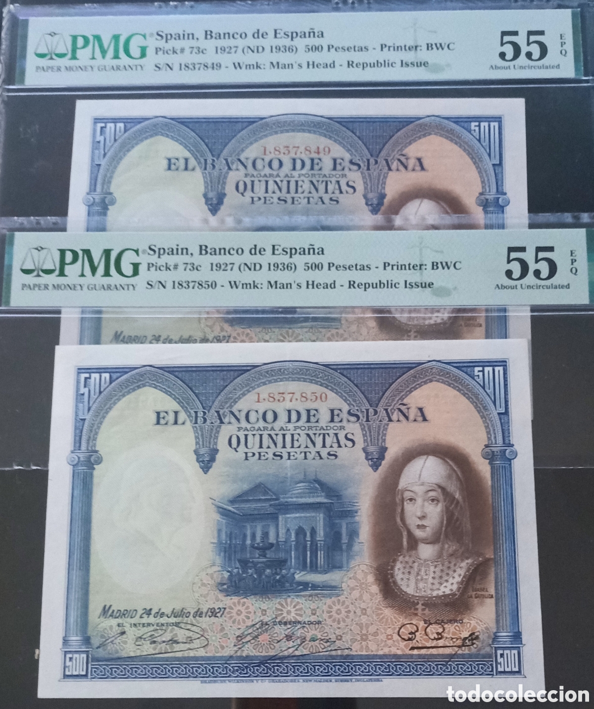 Billetes espa&ntilde;oles: Pareja correlativa 500 PESETAS 1927 -ISABEL LA CAT&Oacute;LICA- PMG 55 EPQ