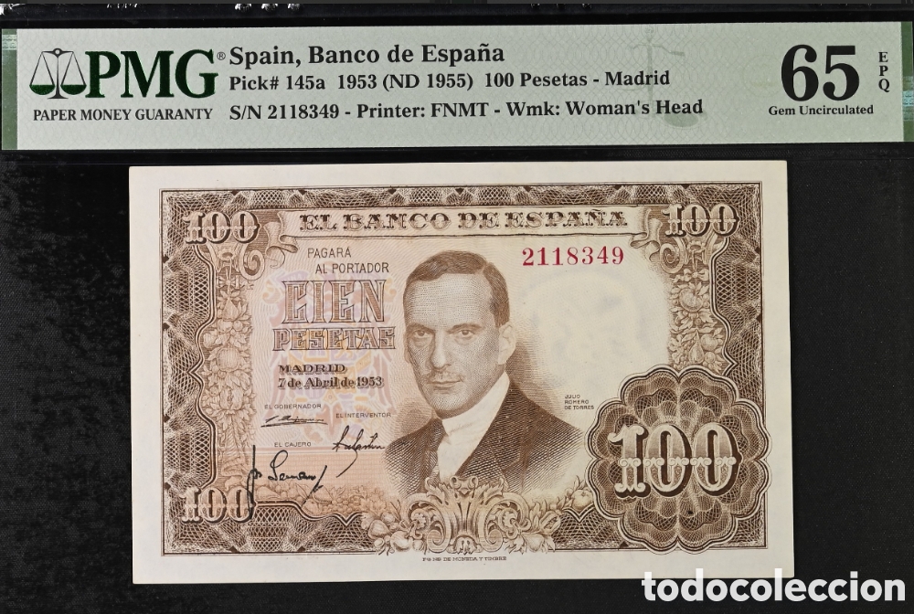 Billetes espa&ntilde;oles: Billete 100 PESETAS 1953 -JULIO ROMERO- PMG 65 EPQ, sin serie