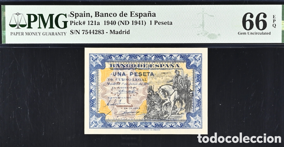 Billetes espa&ntilde;oles: Billete 1 PESETA 1940 -HERNAN CORTES- PMG 66 EPQ, sin serie
