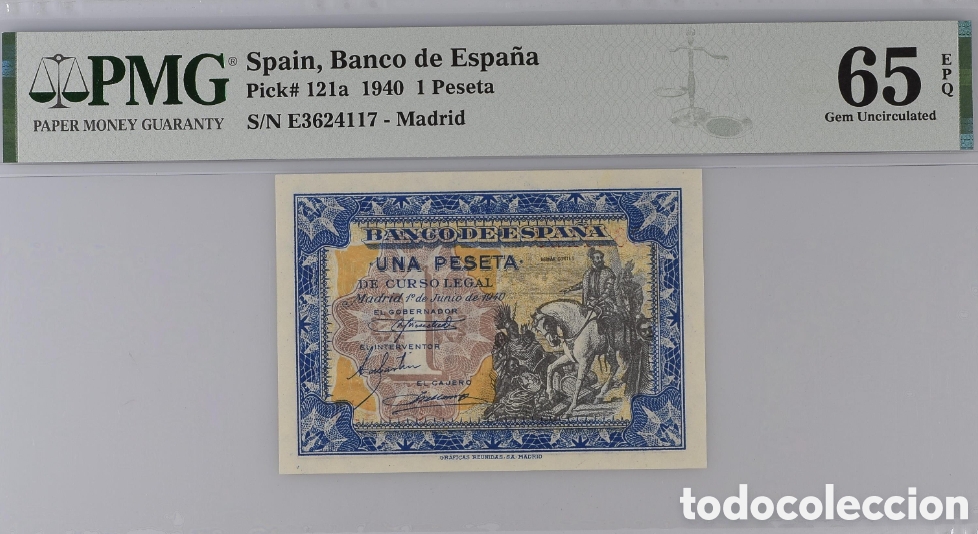 Billetes espa&ntilde;oles: Billete 1 PESETA 1940 -HERNAN CORTES- PMG 65 EPQ, serie E, &uacute;ltima serie emitida