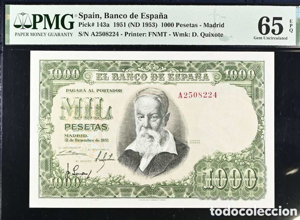 Billetes espa&ntilde;oles: Billete 1000 PESETAS 1951 -SOROLLA- PMG 65 EPQ, serie A