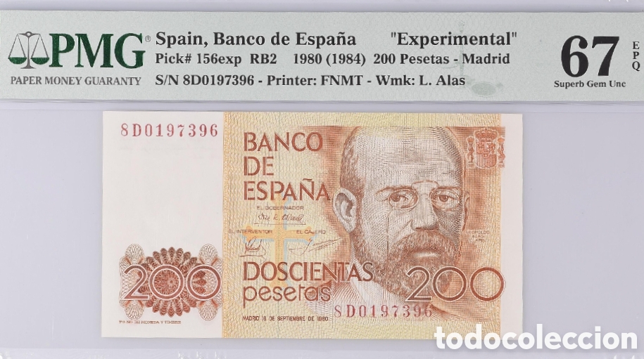 Billetes espa&ntilde;oles: Billete 200 PESETAS 1980 -ALAS CLARIN- PMG 67 EPQ, serie D