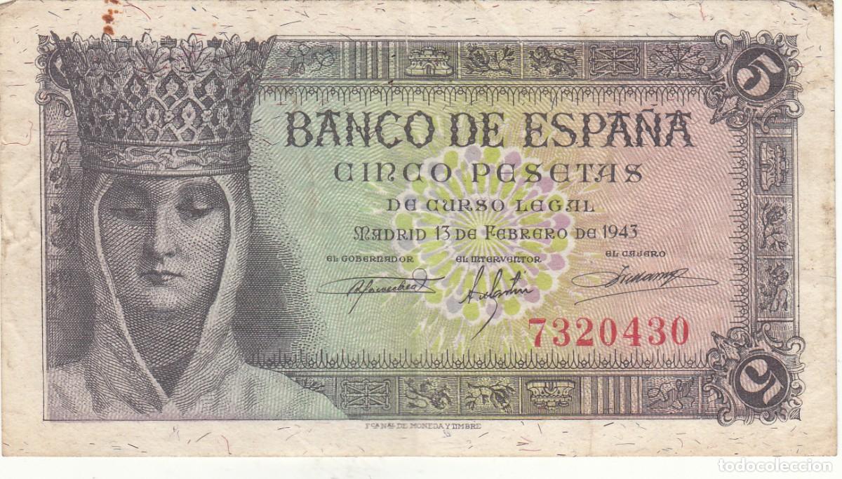 Billetes espa&ntilde;oles: BILLETE: 5 PESETAS 1943 - SIN SERIE