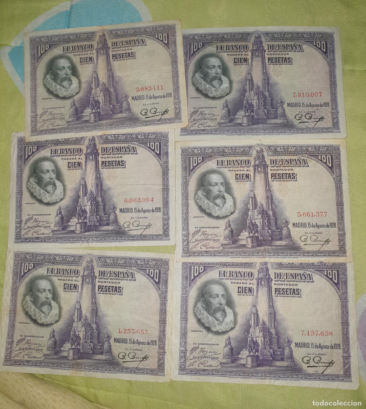Billetes espa&ntilde;oles: LOTE 6 BILLETES de 100 pesetas 15 de agosto de 1928 cervantes