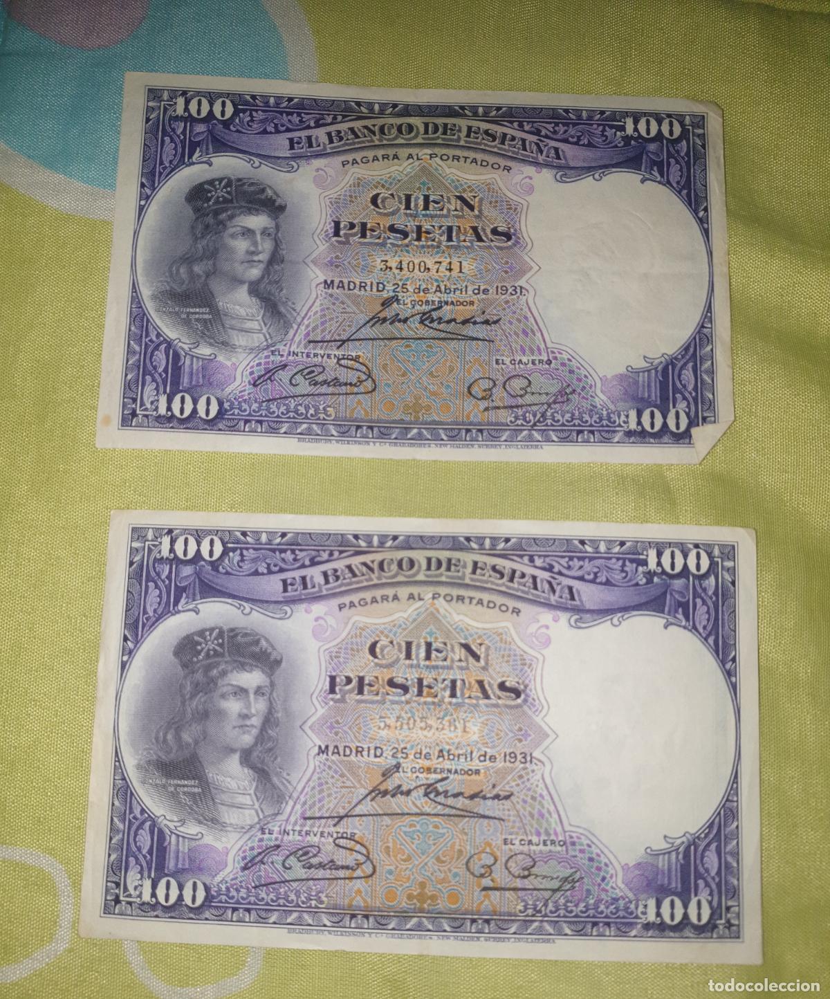 Billetes espa&ntilde;oles: LOTE 2 BILLETES de 100 pesetas Billete de cien pesetas del a&ntilde;o 1.931 Gonzalo Fernandez de Cordoba