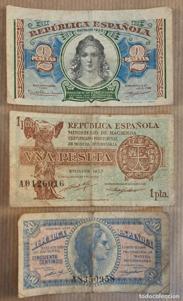 Billetes espa&ntilde;oles: Lote de tres billetes Rep&uacute;blica Espa&ntilde;ola 1937&ndash;1938 &ndash; 50 c&eacute;ntimos, 1 peseta y 2 pesetas