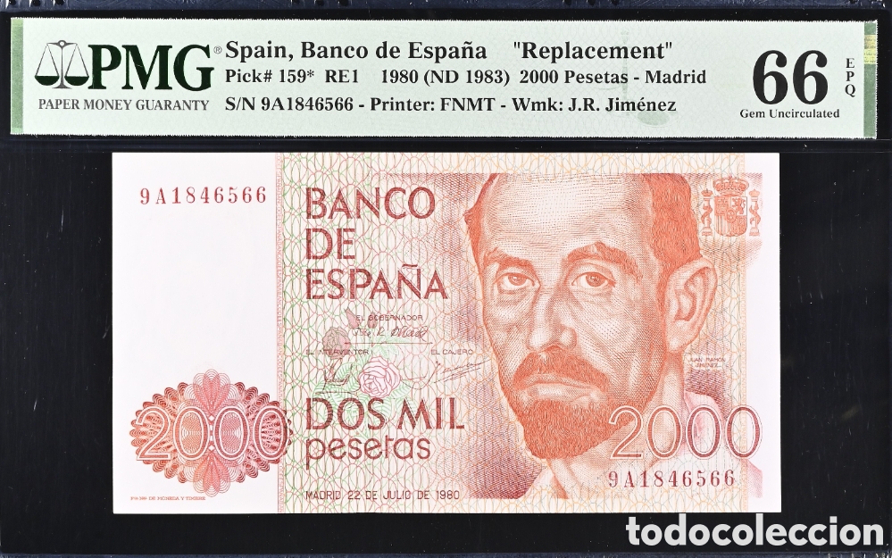 Billetes espa&ntilde;oles: Billete 2000 PESETAS 1980 -JUAN RAM&Oacute;N JIM&Eacute;NEZ- PMG 66 EPQ, serie especial 9A