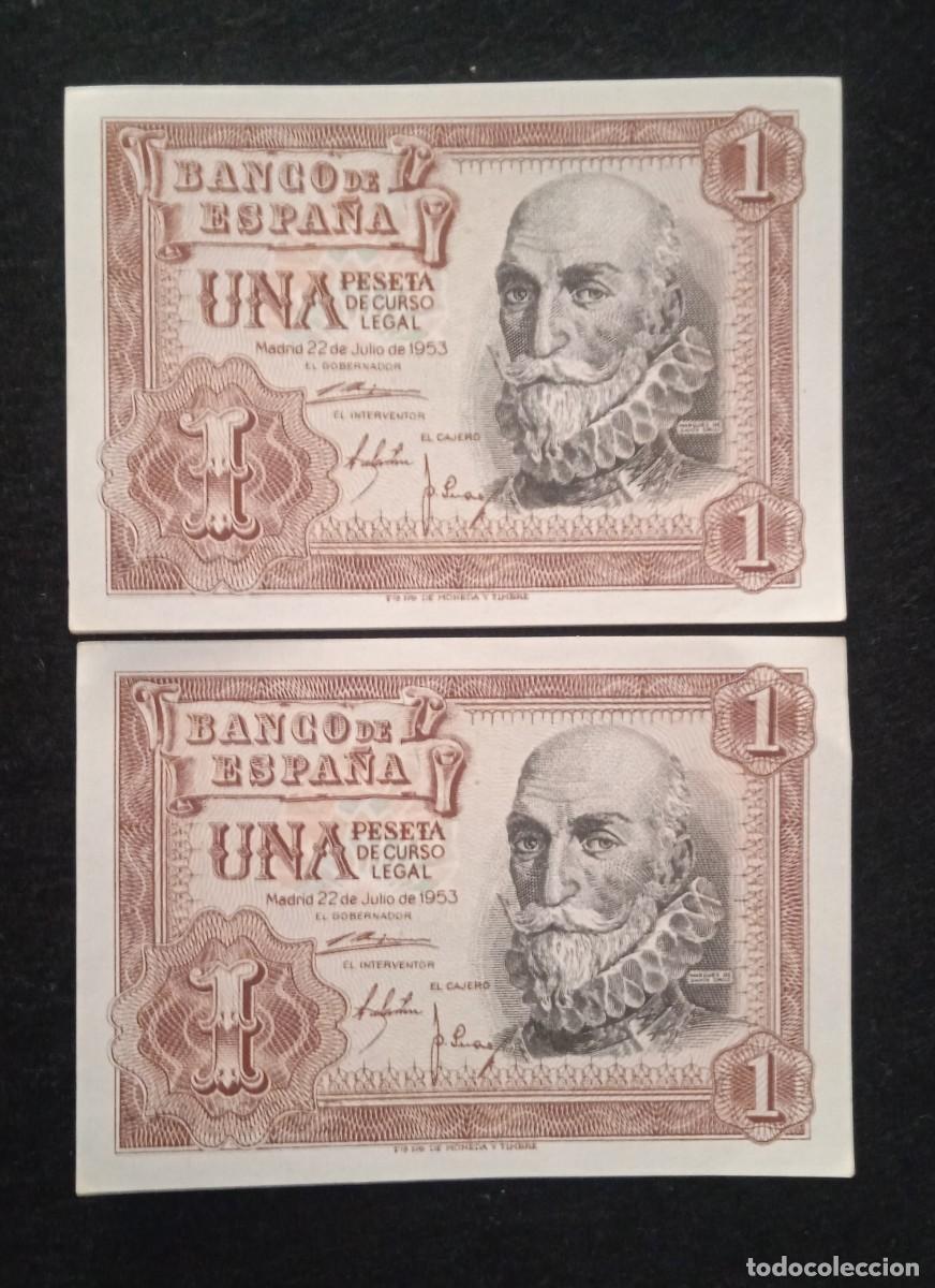 Billetes espa&ntilde;oles: Dos billetes Espa&ntilde;a 1 peseta de 1953 - Correlativos