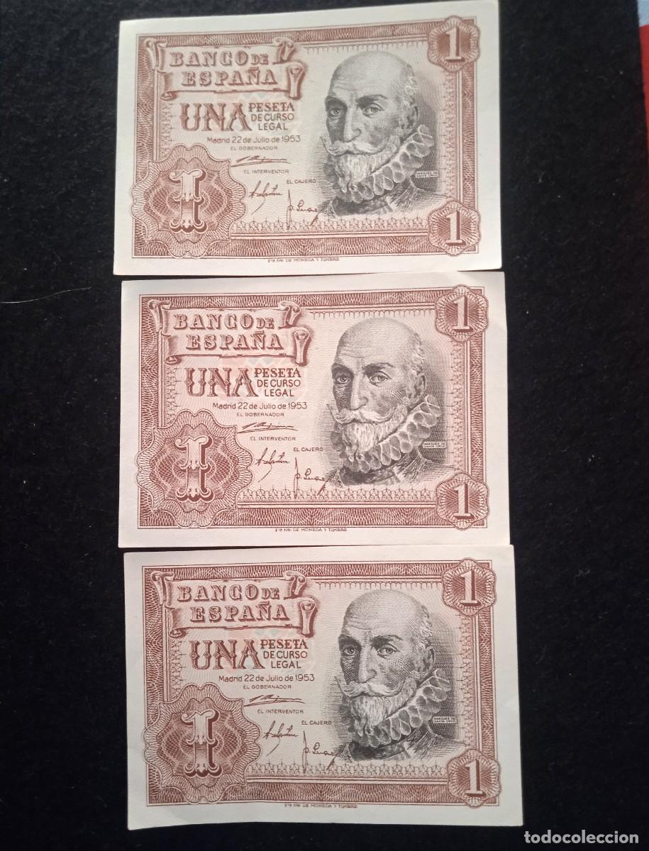 Billetes espa&ntilde;oles: Tres billetes Espa&ntilde;a 1 peseta de 1953 - Correlativos