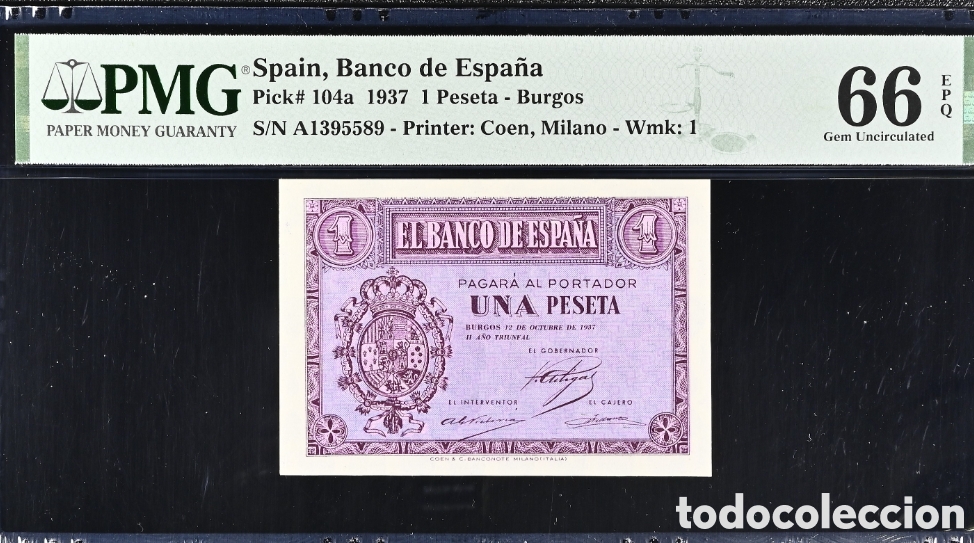 Billetes espa&ntilde;oles: Billete 1 PESETA 1937 -BURGOS- PMG 66 EPQ, serie A