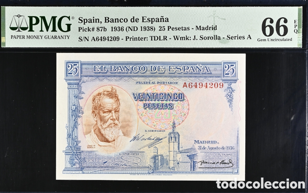 Billetes espa&ntilde;oles: Billete 25 PESETAS 1936 -SOROLLA- PMG 66 EPQ, serie A