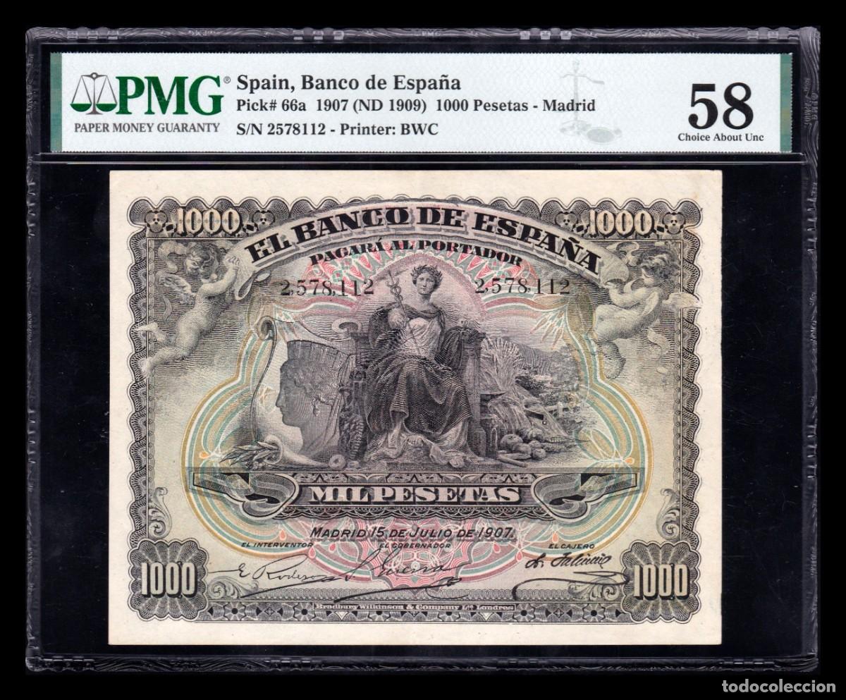 Billetes espa&ntilde;oles: Espa&ntilde;a 1000 Pesetas 1907 Pick 66a PMG 58 Ebc/+ Xf/+