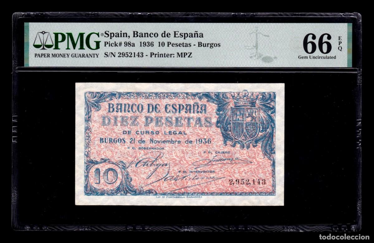 Billetes espa&ntilde;oles: Espa&ntilde;a 10 Pesetas Burgos 1936 Pick 98 PMG 66 EPQ Sc Unc