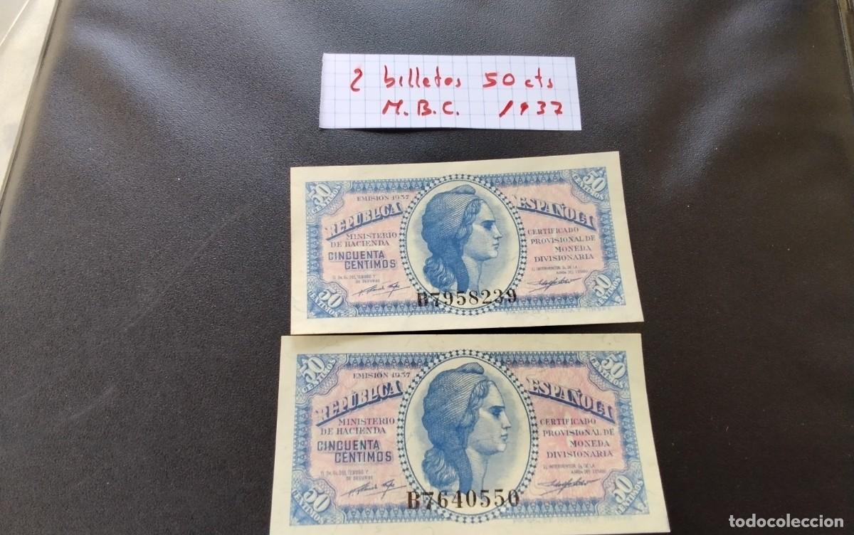 Billetes espa&ntilde;oles: DOS BILLETES DE 50 CENTIMOS A&Ntilde;O 1937 REPUBLICA ESPA&Ntilde;OLA , MUY BUENA CONSERVACION