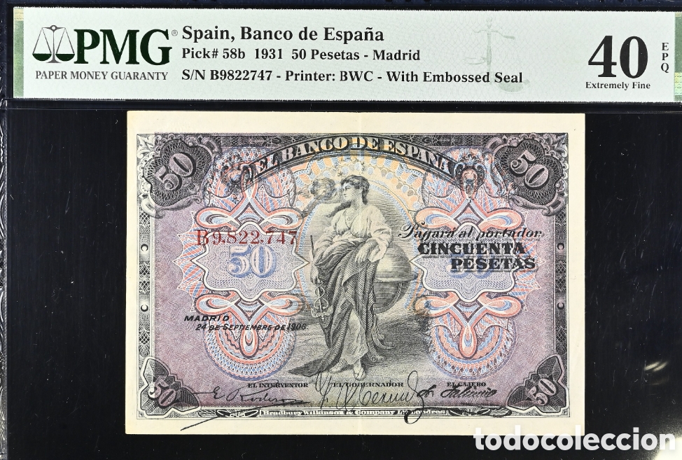 Billetes espa&ntilde;oles: Billete 50 PESETAS 1906 -CON SELLO SECO- PMG 40 EPQ, serie B, Pick 58b