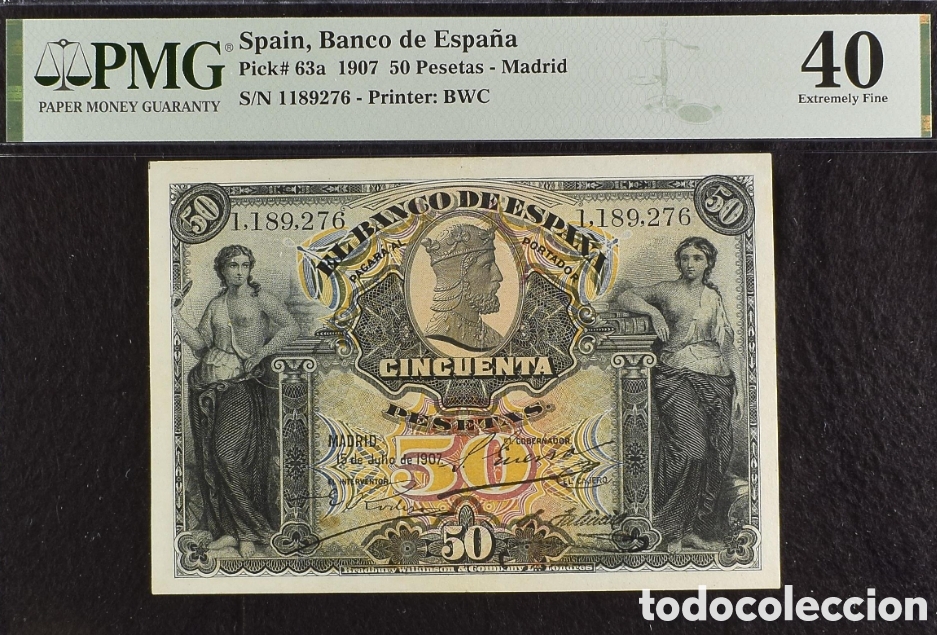 Billetes espa&ntilde;oles: Billete 50 PESETAS Julio 1907, PMG 40, sin serie