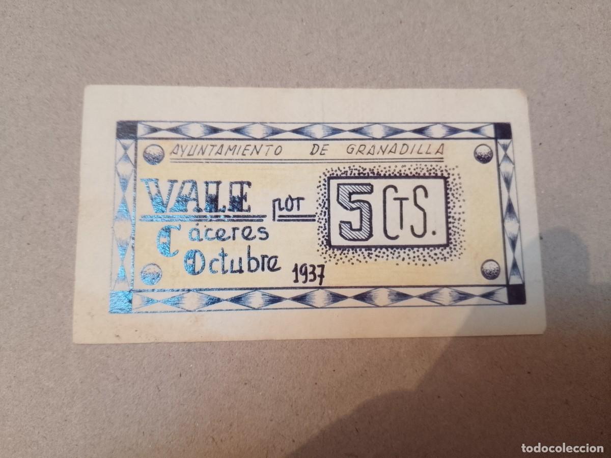 Billetes espa&ntilde;oles: Billete local Granadilla (C&aacute;ceres) de 5 centimos, a&ntilde;o 1937, guerra civil