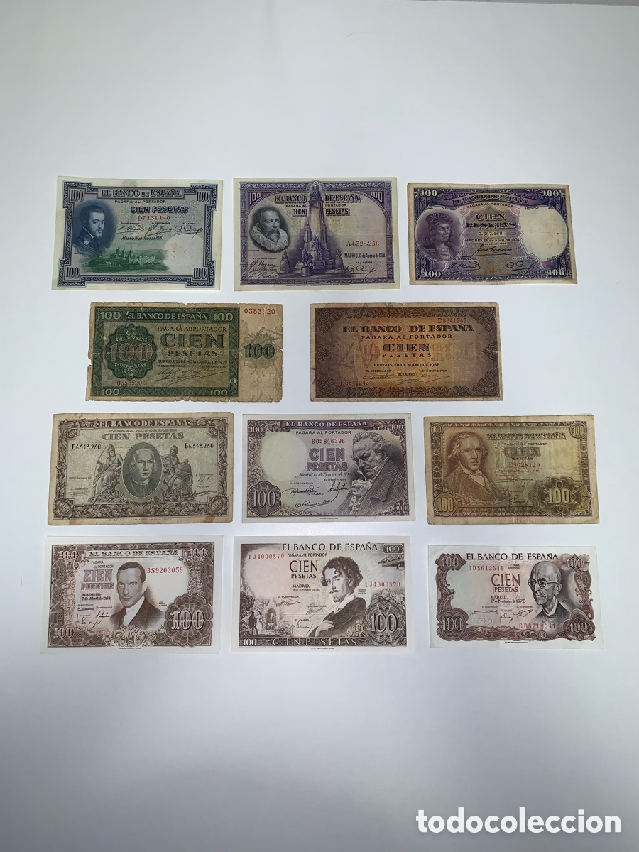 Billetes espa&ntilde;oles: 11 billetes de 100 Pesetas del Banco de Espa&ntilde;a. Desde 1925 hasta 1970.