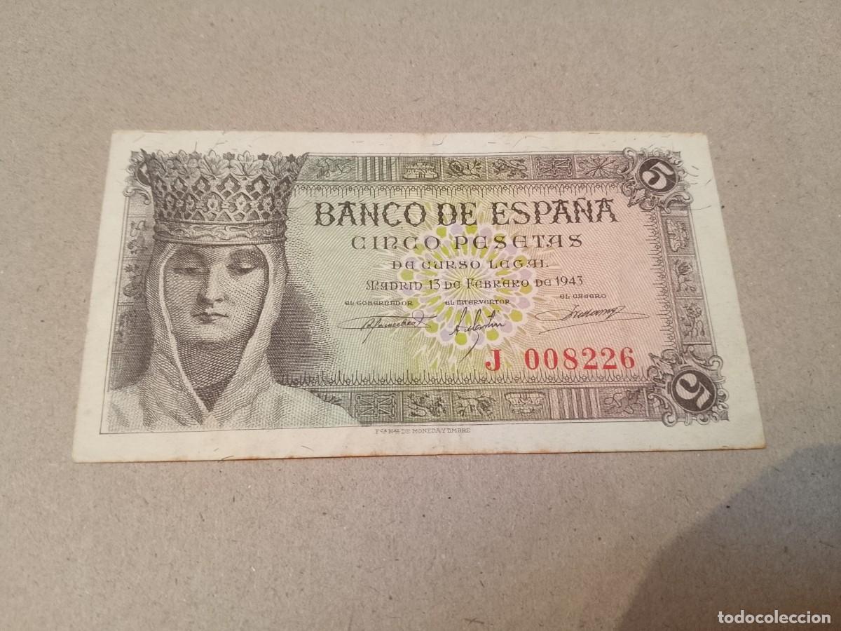 Billetes espa&ntilde;oles: 5 pesetas 1943, serie J008226 &uacute;ltima emitida, n&uacute;mero bajisimo